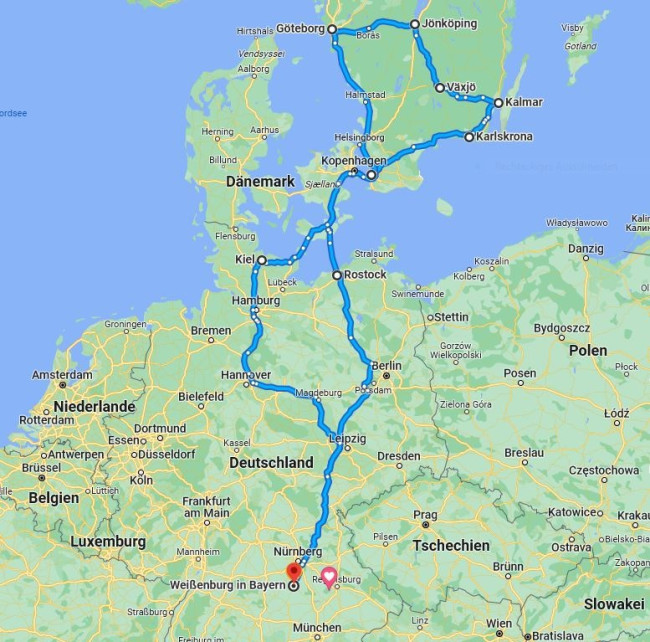 Voraussichtliche Reiseroute Dänemark Südschweden ca. 3.000 km